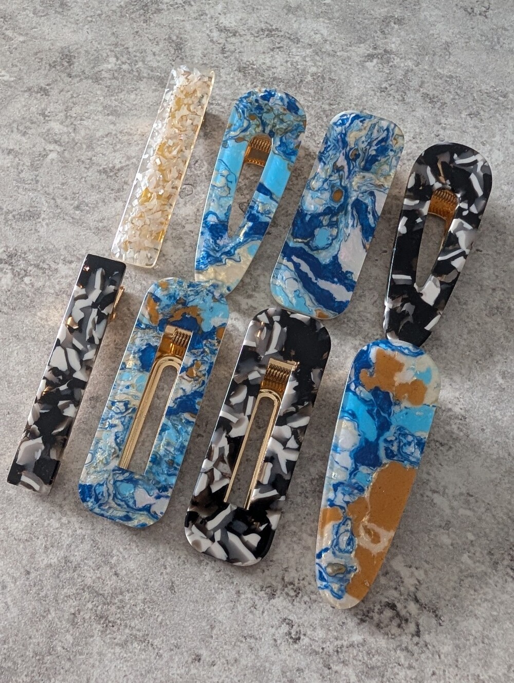 Marbled Resin Hair Clip/Barrette Set - Blue, Black & Gold Accents